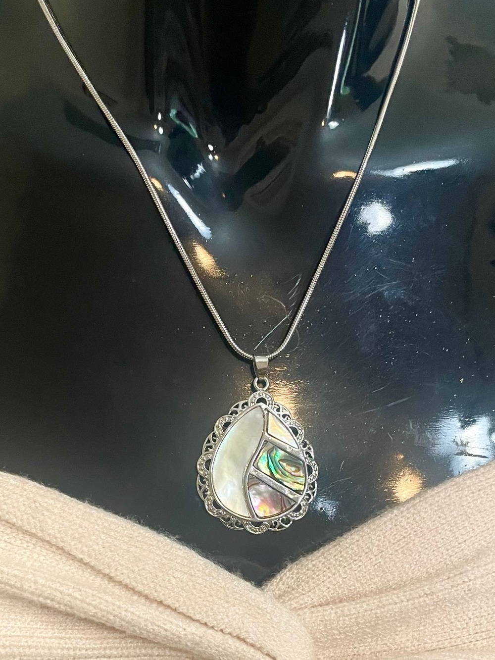Abalone Shell Mother of Pearl Inlay Teardrop Pendant on Sterling Silver Chain